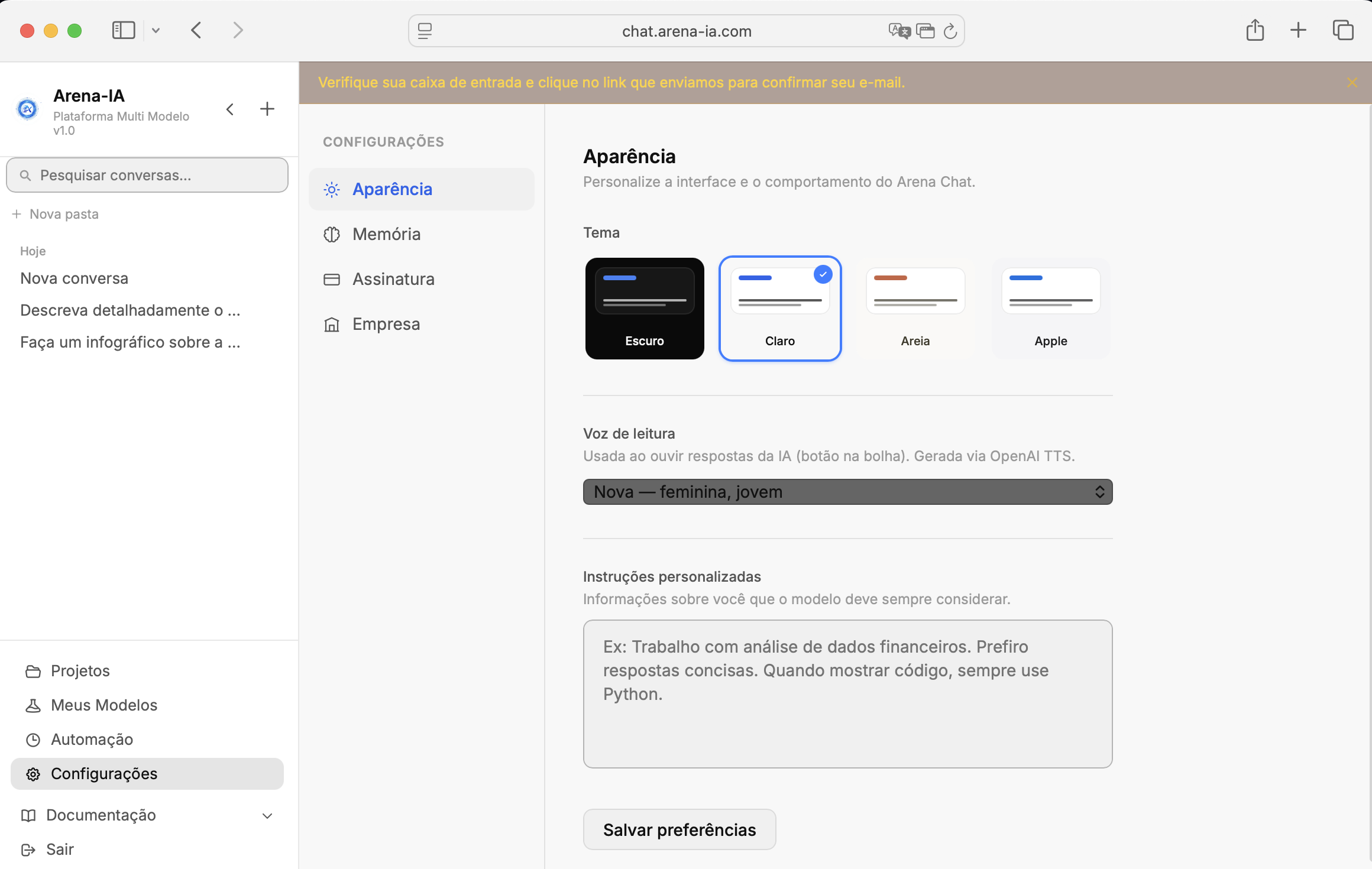 Tela de configurações da Arena-IA